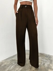 EURMUSE Quần ống rộng lưng cao bằng cotton trơn - Màu nâu Sô-cô-la - Xem 5