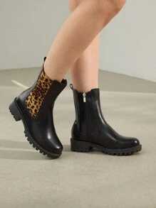 MOTF PREMIUM 女士时尚豹纹拼接中筒靴 秋季