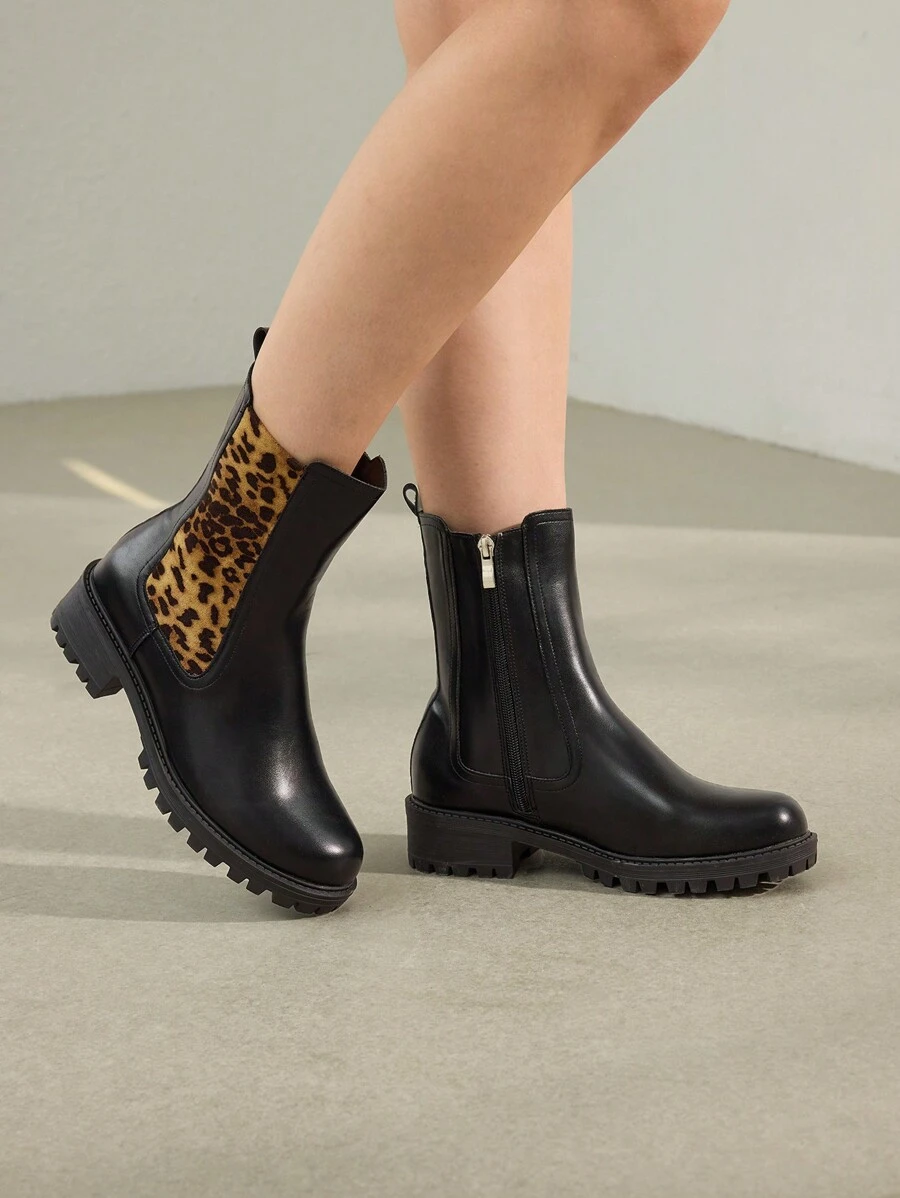 MOTF PREMIUM 女士时尚豹纹拼接中筒靴 秋季
