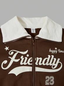 SHEIN Blouson à fermeture éclair avec imprimé lettres de couleur contrastée pour jeune fille adolescente - Taupe - Voir 6