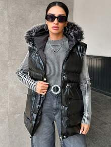 EURMUSE Women's Hooded Fur Collar Drawstring Padded Waistcoat Jacket - Black - View 3