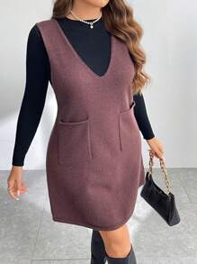 SHEIN Essnce Plus Size Simple Patchwork Casual Short Dress Winter Fall Autumn - Coffee Brown - View 5
