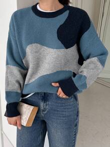 DAZY Women Casual Oversize Drop Shoulder Colorblock Knitted Sweater Fall - Blue - View 1