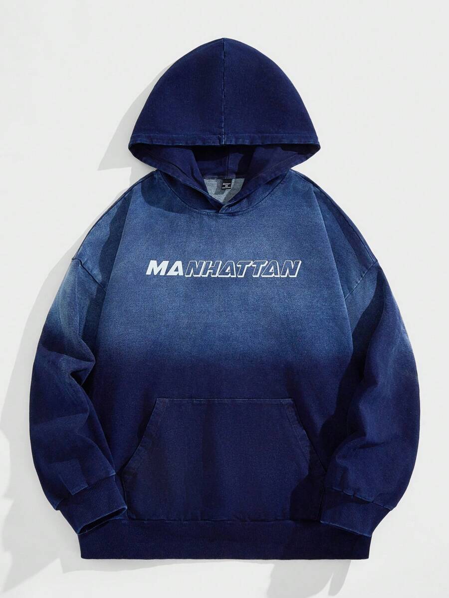 Manfinity EMRG Men's Navy Blue Knitted Denim Loose Fit Dropped Shoulder Letter Print Casual Blue Hoodie Sweatshirt - Dark Wash - View 1