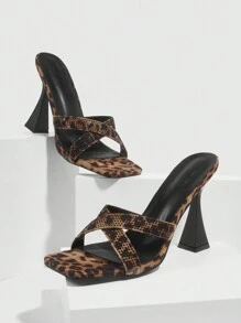 CUCCOO SZL Women Square Toe Leopard Velvet Pattern Glitter Strap High Heel Mule Sandals - Multicolor - View 5