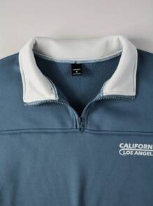 Manfinity Homme 男士休闲字母印花半拉链撞色领套头衫，春秋季拉链外出长袖图形拼色学院风卫衣，适合朋友、丈夫、男朋友的礼物