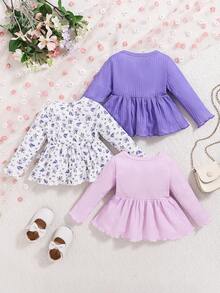 SHEIN 女婴圆领荷叶边下摆长袖上衣 - 彩色 - 查看 2