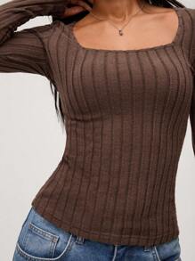 SHEIN BASICS 3pcs Casual Solid Color Square Neck Long Sleeve Fitted Ladies T-Shirts - Multicolor - View 9