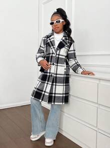 SHEIN Tween Girl 休闲纯色双面羊毛千鸟格翻领开衫夹克