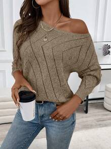 SHEIN LUNE 女士休闲镂空舒适纯色圆领长袖毛衣 - 咖啡棕 - 查看 4