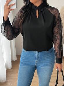 SHEIN Frenchy Elegant & Simple Black Lace Patchwork Plus Size Blouse, Fall/Winter - Black - View 4
