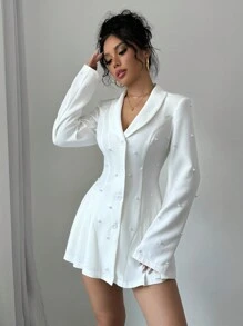 Selianne Women's Elegant Pearl Embellished Lapel Long Sleeve Blazer Jacket, Autumn Fall Cloth For Women