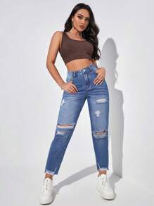 SHEIN EZwear Quần Jeans Mom Fit cạp cao rách mùa hè cho nữ - Rửa trung bình - Xem 4