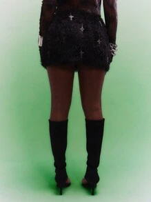SUMWON WOMEN Music Festival Fluffy Mini Skirt With Cross Detail - Black - View 2