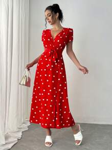 Rafferiza Romantic Vacation Style Red V-Neck Polka Dot Short Sleeve Wrap Waist Split Midi Dress For New Year Clothes Maxi Women Outfit