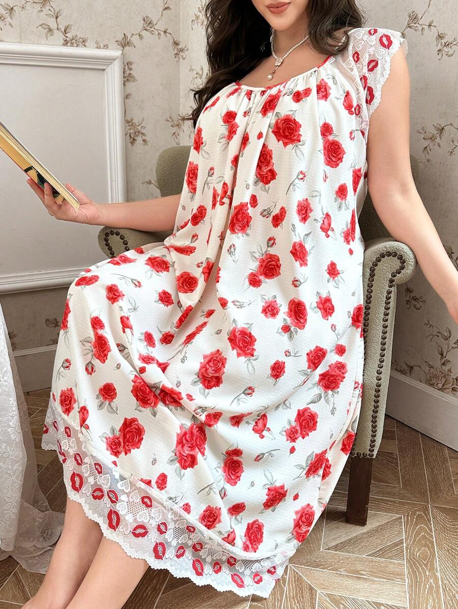 CottageSlumber Plus Size Elegant Red Lip & Floral Print Contrast Lace Summer Nightgown - Apricot - View 1