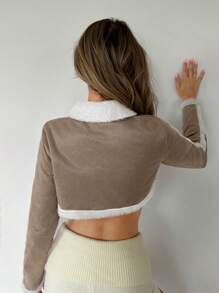 SHEIN ICON Women's Autumn Winter Colorblock Fluffy Collar Cropped Casual Long Sleeve Composite Jacket