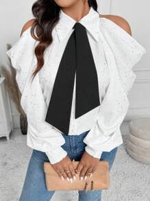 SHEIN LUNE 大码撞色镂空前扣优雅长袖衬衫