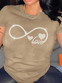 INAWLY Camiseta casual de mujer de manga corta con cuello redondo, estampado de letra de corazón de diamantes de verano