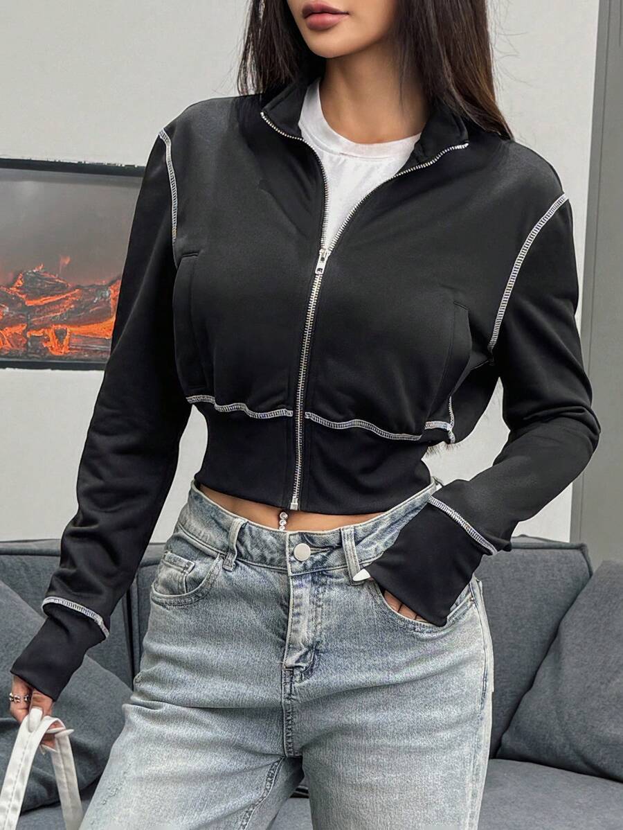 Muchica 前拉链长袖简约修身立领运动衫，休闲日常穿着 - 黑色 - 查看 1