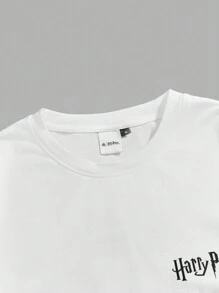 HARRY POTTER X SHEIN 男士休闲修身针织死亡圣器印花白色短袖 T 恤 - 白色 - 查看 3