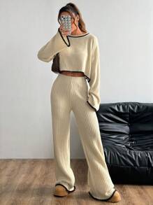 Flirla 2 piezas Conjunto de suéteres informales con adorno de contraste - Multicolor - Ver 3