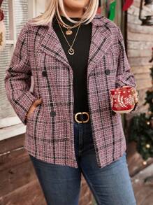 Plus Size Plaid Lapel Side Pockets Double-Breasted Overcoat - Red - View 6