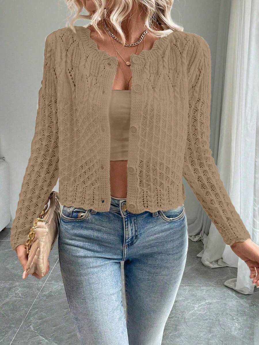 SHEIN LUNE Áo khoác cardigan dệt kim cổ tròn khoét nút phía trước cho nữ, mùa thu đông - Màu Khaki - Xem 1