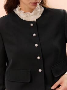 Enchnt Autumn Romantic Women's Black Cute Elegant Contrast Lace Flap Blazer And Pencil Skirt Suit Set,Two Pieces Outfits