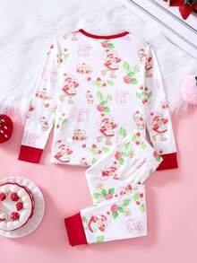 Strawberry Shortcake X SHEIN Young Girl 2pcs Cartoon Print Casual Tee And Leggings Snug Fit Pajamas Set, For Christmas - Multicolor - View 2