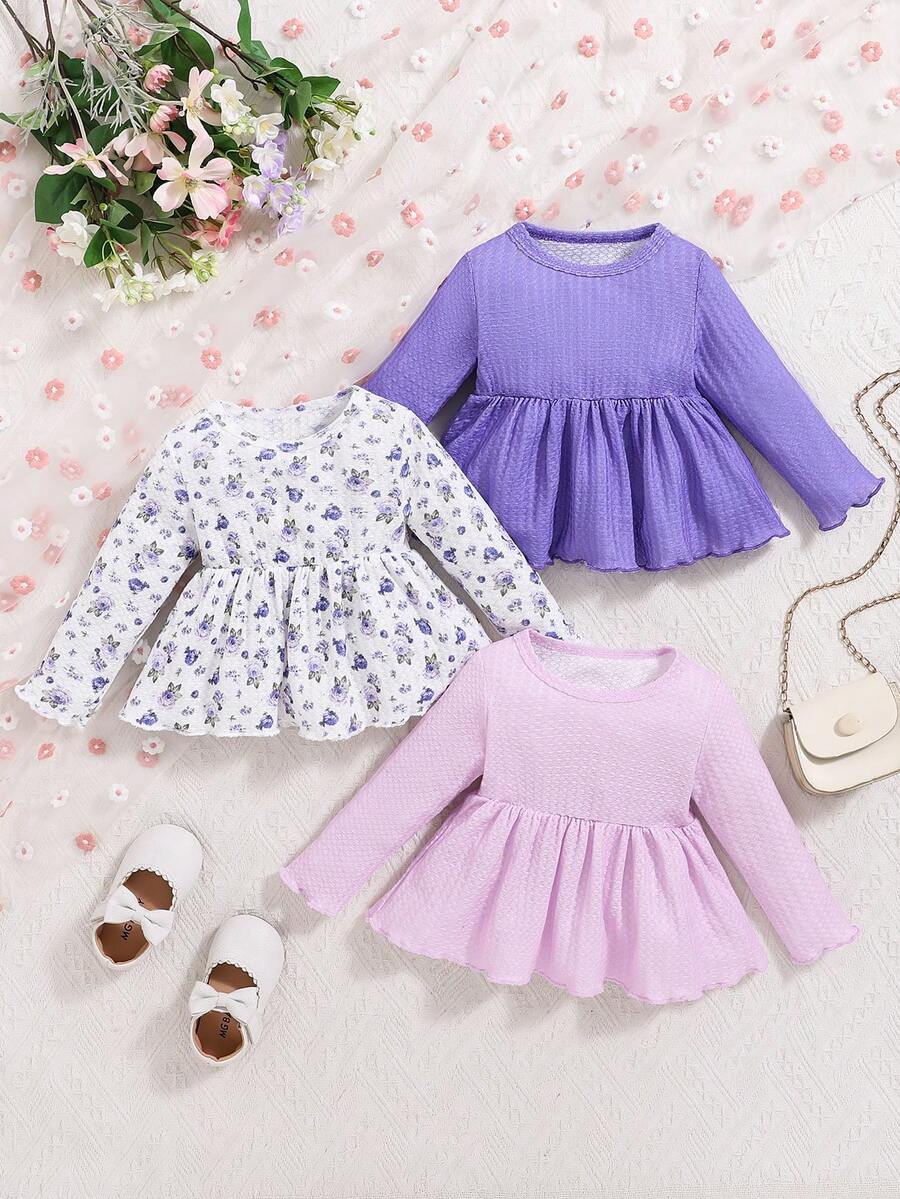 SHEIN 女婴圆领荷叶边下摆长袖上衣 - 彩色 - 查看 1