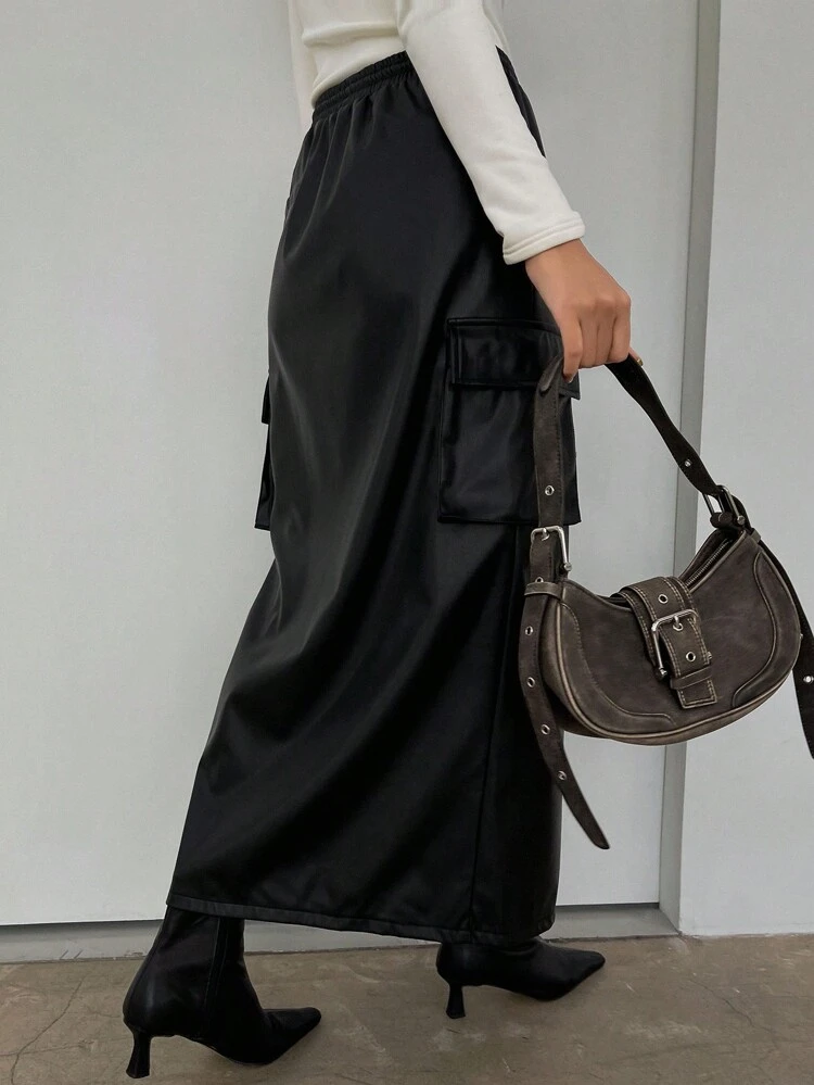 Women's Casual Street Style Drawstring Waist Flap Pocket High Slit Hem A-Line Cargo Skirt,Pencil Skirt Leather Skirt
