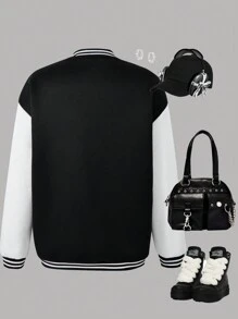 SHEIN 1 chiếc áo khoác bomber tay dài in chữ nhiều màu cho bé gái tuổi teen - Đen và trắng - Xem 2