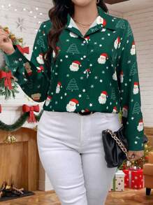 SHEIN LUNE 加大码编织圣诞老人印花绿色衬衫，适合圣诞节女式衬衫 - 綠色 - 查看 7