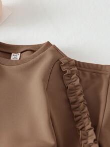 Conjunto de sudadera y pantalones de unicolor con volantes en el bajo para bebé niña, otoño e invierno - Marrón - Ver 8