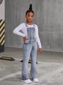 Peto vaquero de pierna acampanada con lavado vintage y tirantes ajustables estilo Y2K para niñas preadolescentes - Azul lavado oscuro - Ver 4