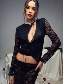 SHEIN Unity 长袖系带蕾丝短款上衣，性感黑色 - 黑色 - 查看 1