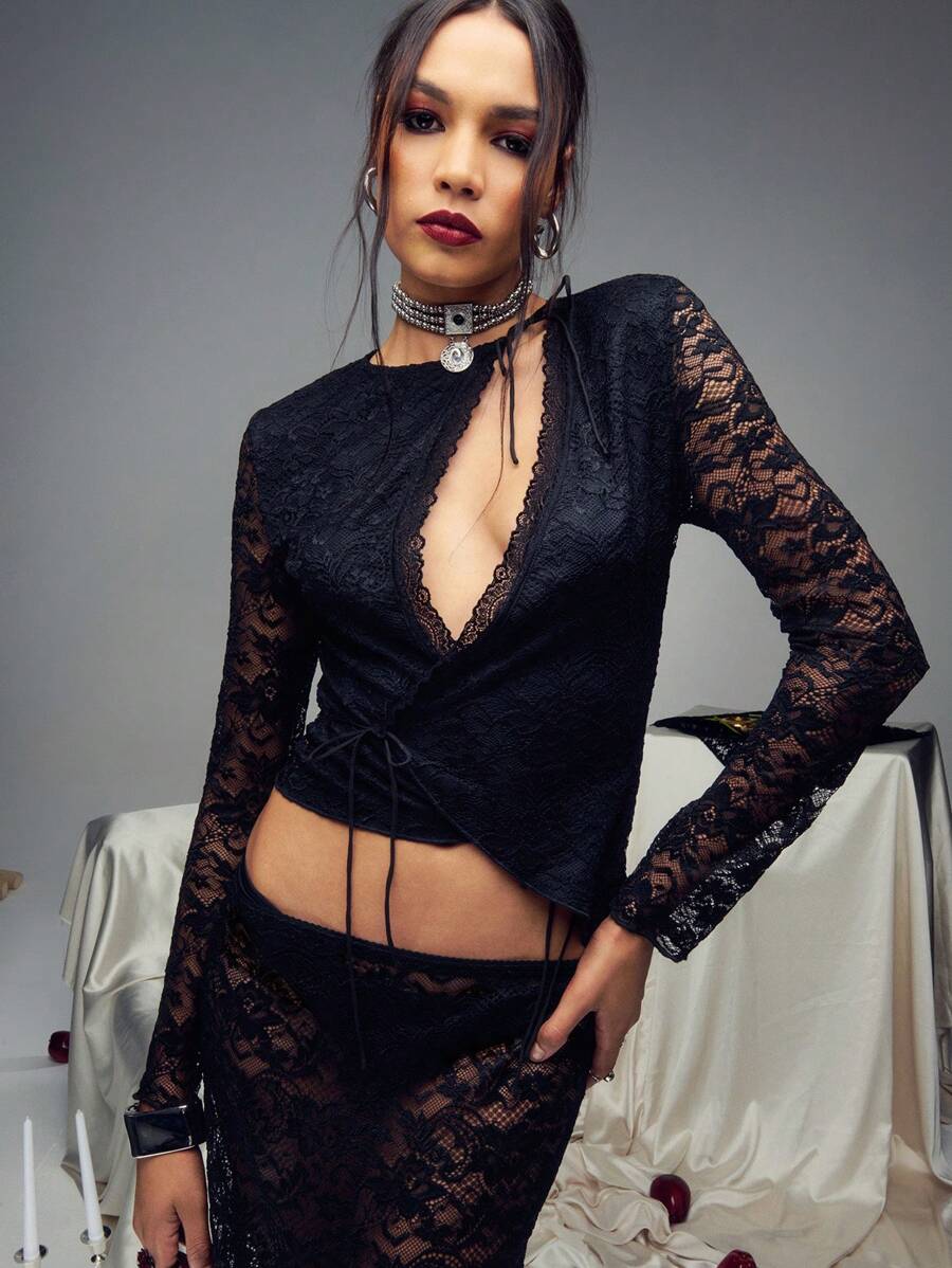 SHEIN Unity 长袖系带蕾丝短款上衣，性感黑色 - 黑色 - 查看 1