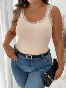 Flirla Plus Size Floral Trim Thermal Lined Tank Top - Apricot - View 3