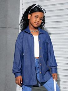 SHEIN Camisa de manga larga informal tejida para niñas preadolescentes