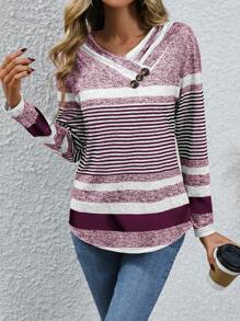EMERY ROSE Women's Striped Print Contrast Color V-Neck Button Decorated Long Sleeve T-Shirt Graphic Tees Women Tops For Spring Outfit