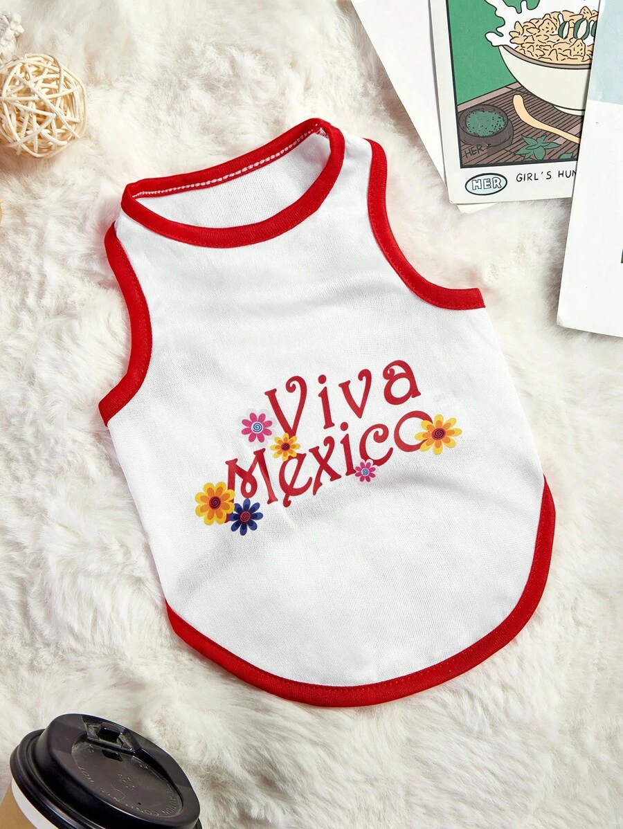 PETSIN 1 件“Viva Mexico”英文字母印花白色宠物背心，适合猫/狗