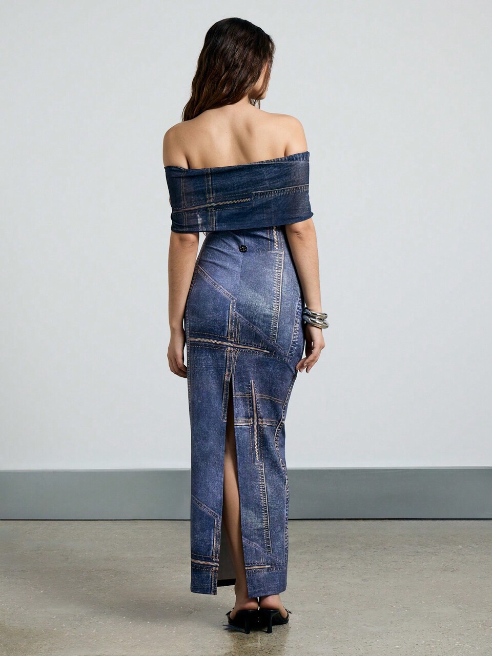 AiiRZ Denim Effect Bardot Off-Should Fitted Maxi Dress