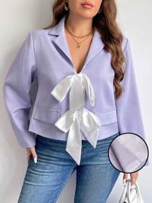 SHEIN Privé 大码女式优雅通勤校园风格迷人返校派对下午茶约会领结撞色短款纹理面料西装外套，秋冬 - 紫色 - 查看 1
