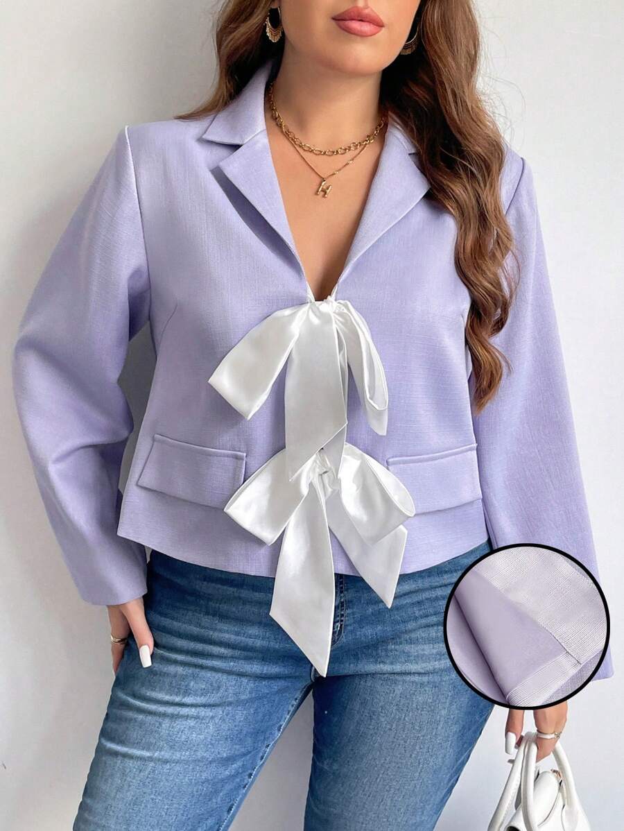 SHEIN Privé 大码女式优雅通勤校园风格迷人返校派对下午茶约会领结撞色短款纹理面料西装外套，秋冬 - 紫色 - 查看 1