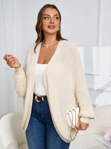 SHEIN Clasi Plus Size Casual Faux Pearl Decor Batwing Sleeve Open Front Solid Cardigan