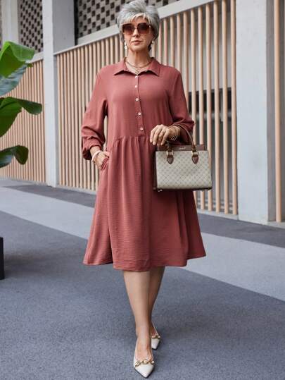 EMERY ROSE Plus Size Dam Enfärgad Roll Tab Sleeve Fickor Klänning, Vinterkläder för kvinnor