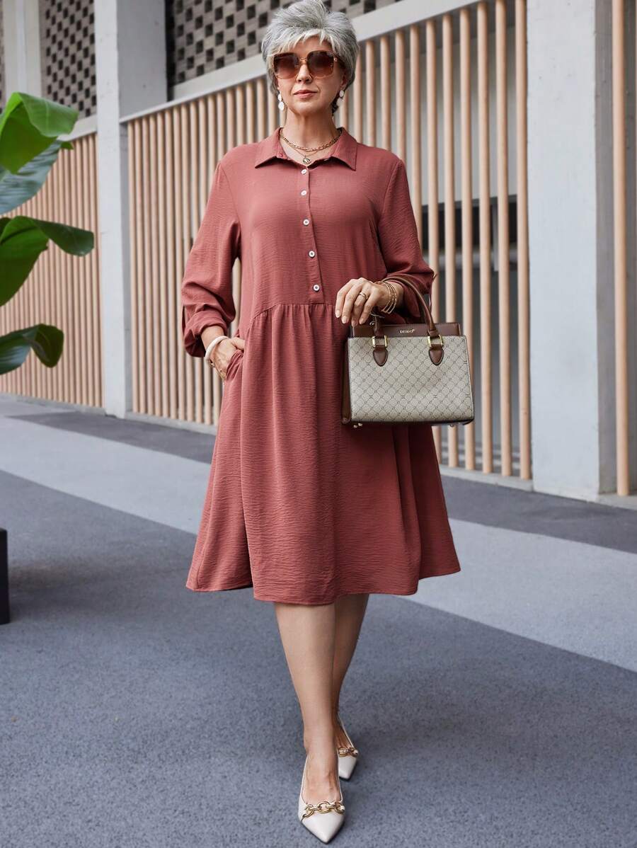 EMERY ROSE Plus Size Women's Solid Color Long Sleeve Pockets Dress, Fall And Winter Clothes For Women