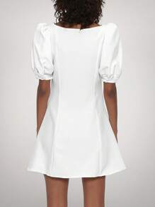 Forever 21 Váy midi lãng mạn cổ vuông tay bồng mới thu đông dáng ôm vừa vặn - trắng - Xem 2
