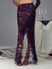 TypaGal Flower Print Flounce Hem Mermaid Skirt